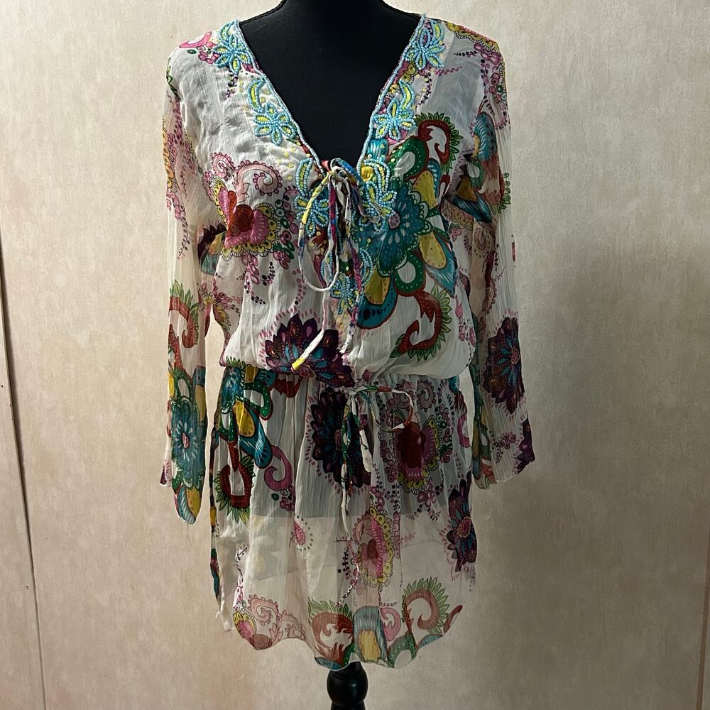 white 2000s long sleeve floral print sheer beaded blouse/cover up